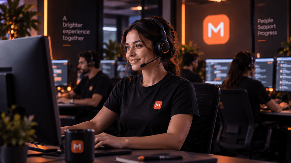 A support agent at a desk wearing a headset and a MyC Funding shirt, with the team behind her